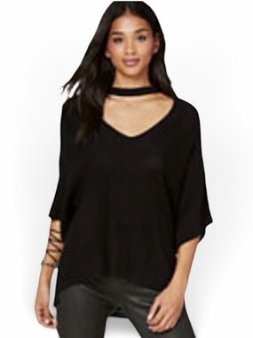 Bebe Black V-Neck Choker Short Sleeve Ribbed Sweater Size Small